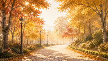 カーブする紅葉（もみじ）の並木道背景イラスト【無料PNG】93984