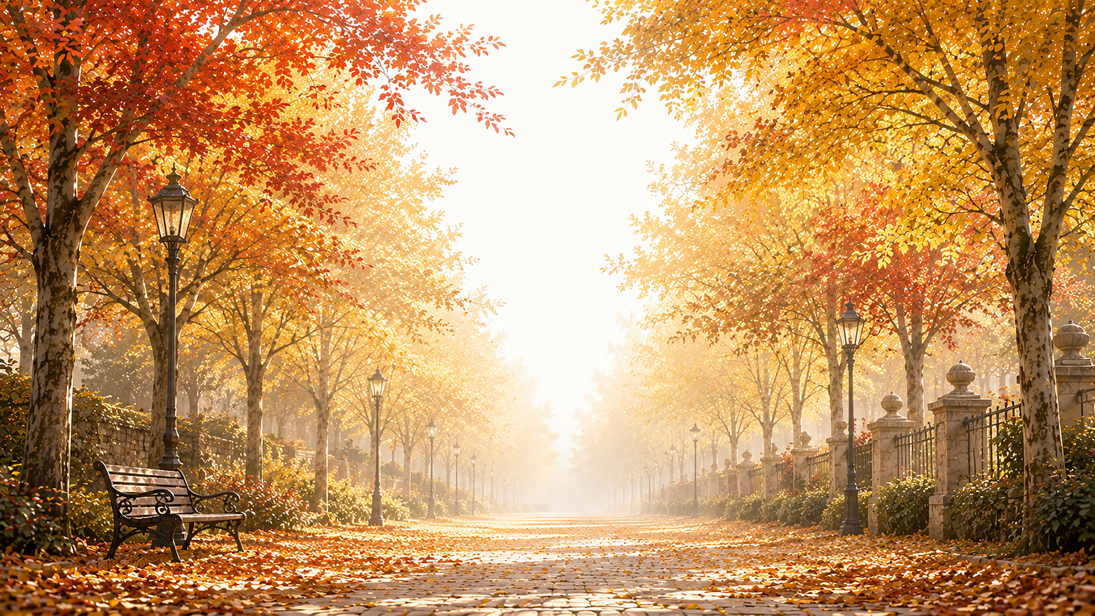 落ち葉と紅葉（もみじ）の並木道背景イラスト【無料PNG】93985に写真・文字を入れる