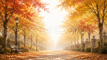 落ち葉と紅葉（もみじ）の並木道背景イラスト【無料PNG】93985