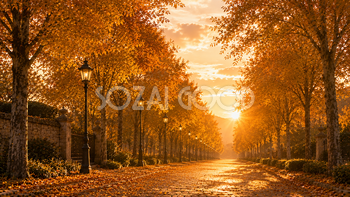 夕暮れの紅葉（もみじ）の並木道背景イラスト【無料PNG】93987