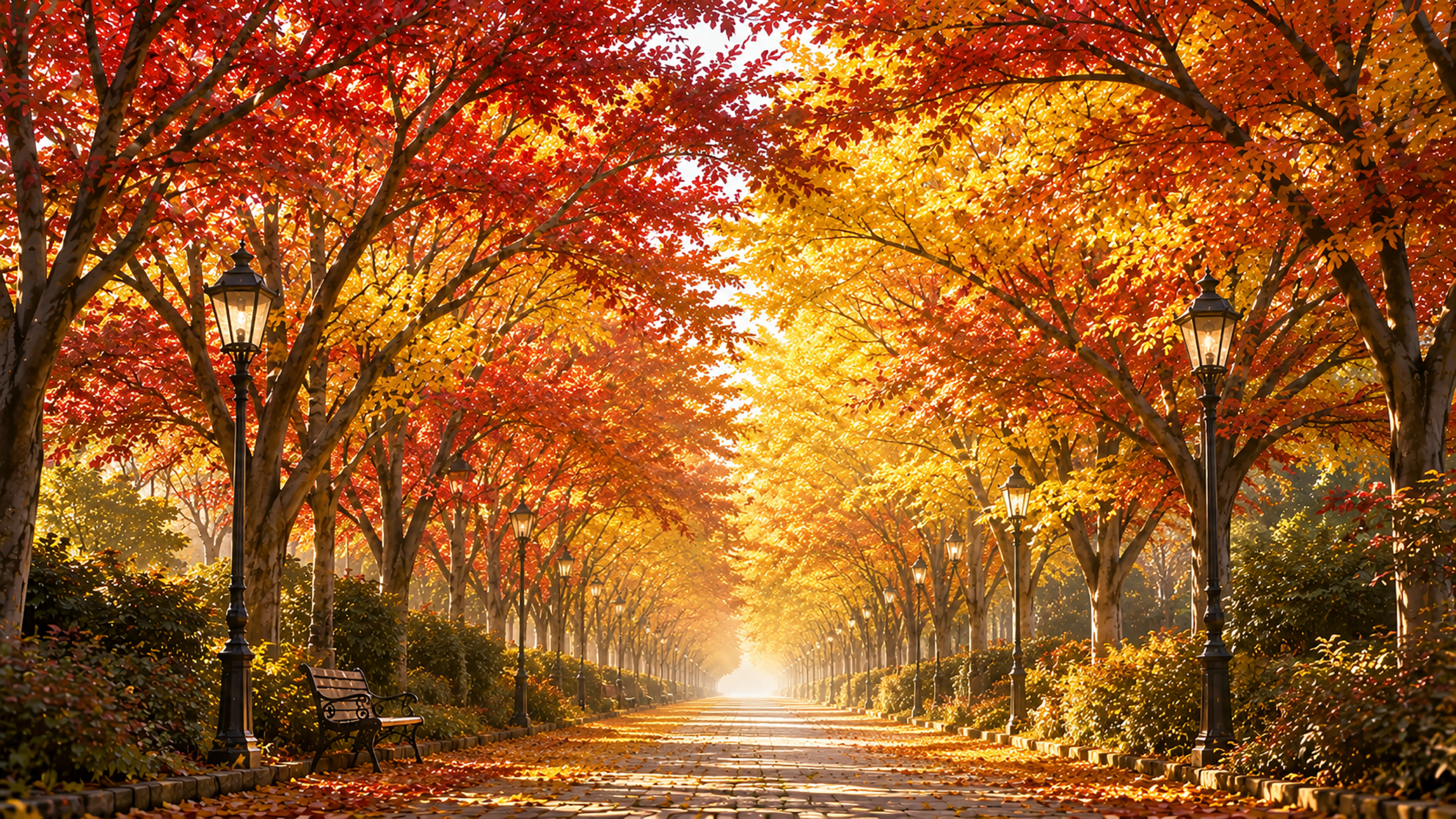 紅葉（もみじ）とイチョウの並木トンネル背景イラスト【無料PNG】93988に写真・文字を入れる