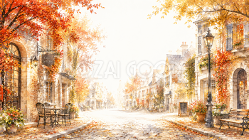 石畳と紅葉（もみじ）の街並み背景イラスト【無料・高画質】93990