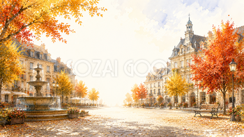 紅葉（もみじ）に染まるヨーロッパの広場背景イラスト【無料・高画質】93991