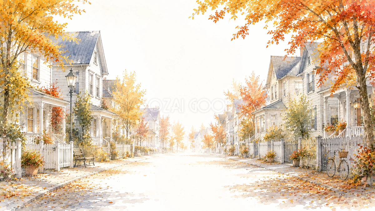 紅葉(もみじ)の北欧住宅街背景イラスト【無料・高画質】93992