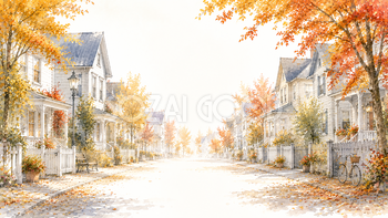 紅葉（もみじ）の北欧住宅街背景イラスト【無料・高画質】93992