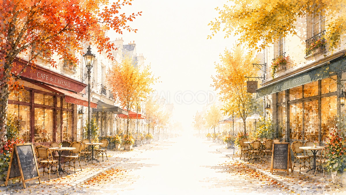 紅葉(もみじ)の秋カフェストリート背景イラスト【無料・高画質】93993