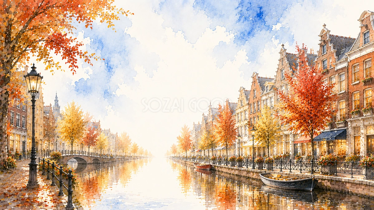 紅葉(もみじ)と運河沿いの街並み背景イラスト【無料・高画質】93994