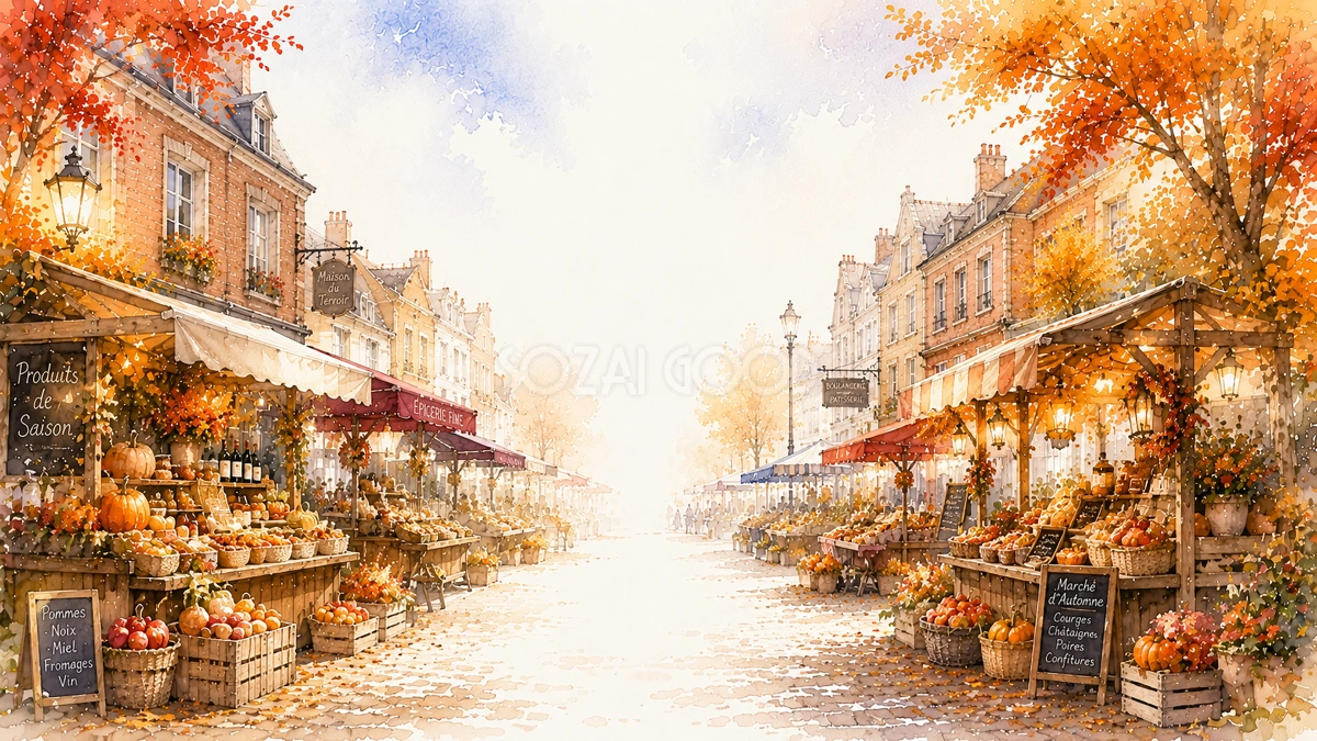 紅葉(もみじ)のマーケットストリート背景イラスト【無料・高画質】93997