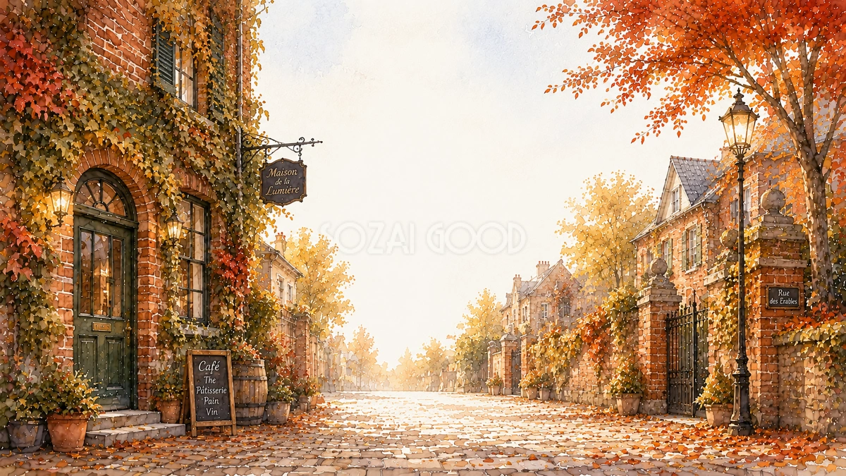 紅葉(もみじ)とアイビーの街並み背景イラスト【無料・高画質】93998