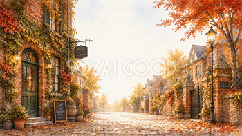 紅葉（もみじ）とアイビーの街並み背景イラスト【無料・高画質】93998