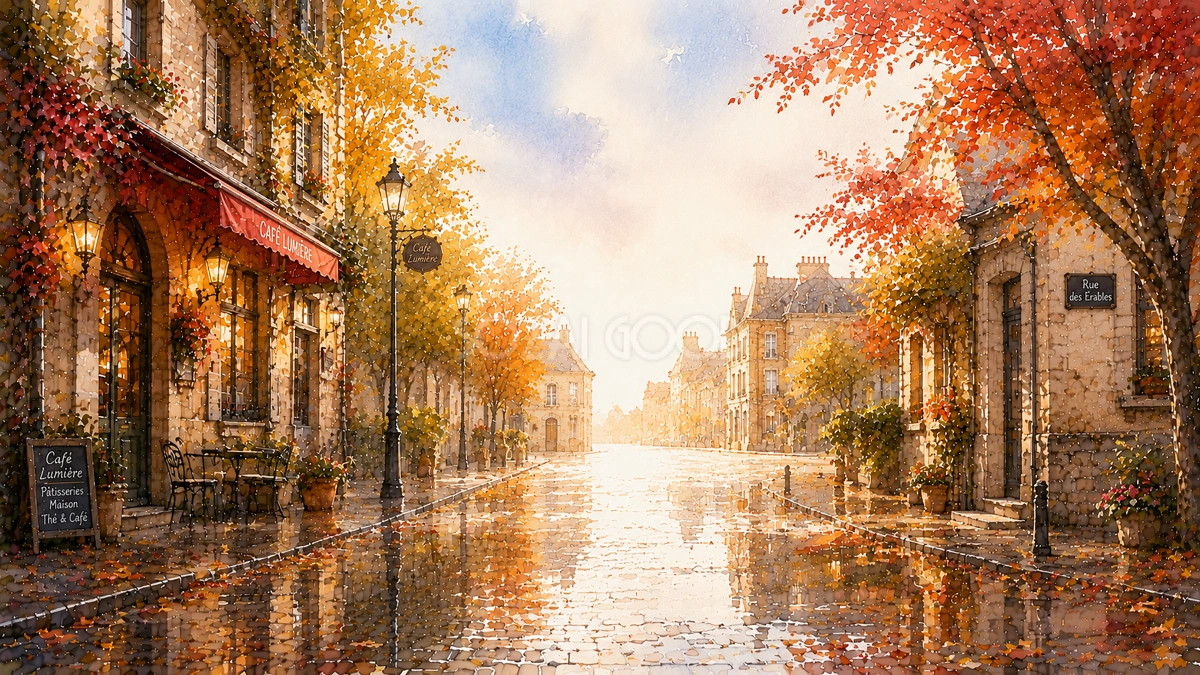 紅葉(もみじ)が映る雨上がりの街並み背景イラスト【無料・高画質】94000