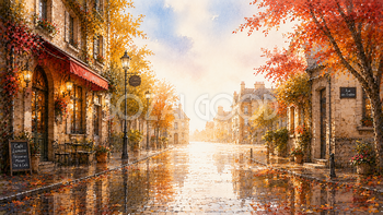 紅葉（もみじ）が映る雨上がりの街並み背景イラスト【無料・高画質】94000