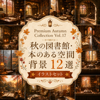 秋の図書館・本のある空間背景12選【無料・高画質PNG】読書・ブックカフェ・ライブラリー背景イラストセットPremium Autumn Collection Vol.17　94002