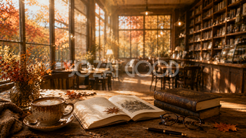 秋のブックカフェ背景【無料・高画質PNG】94007
