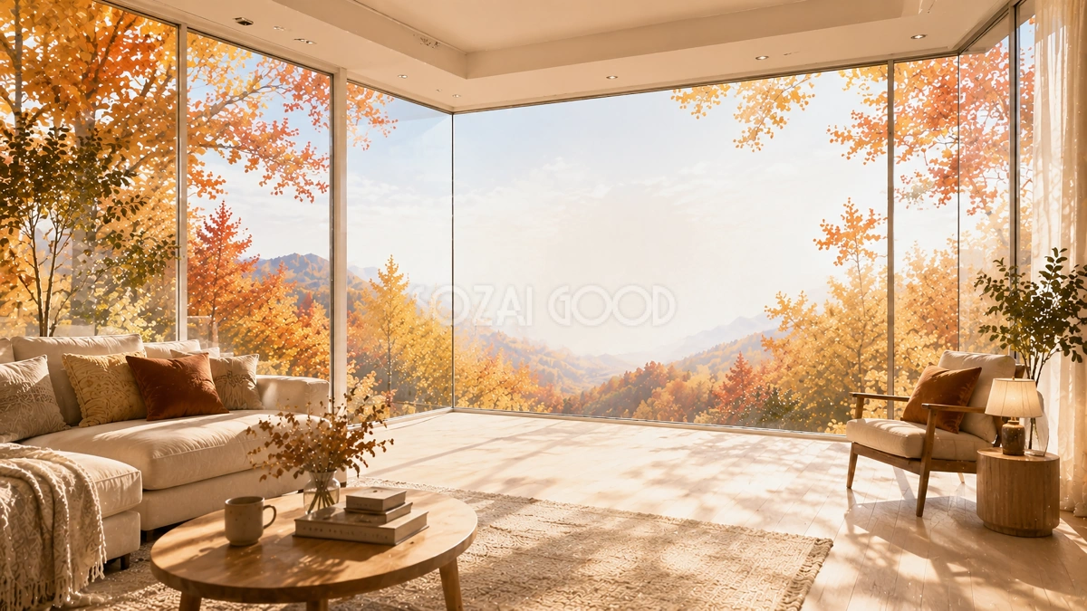 秋のガラスコーナーリビング背景【無料・高画質PNG】94022