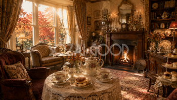 秋の英国ティールーム背景【無料・高画質PNG】94033