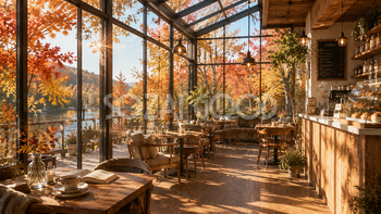 秋のガラスコーナーカフェ背景【無料・高画質PNG】94035