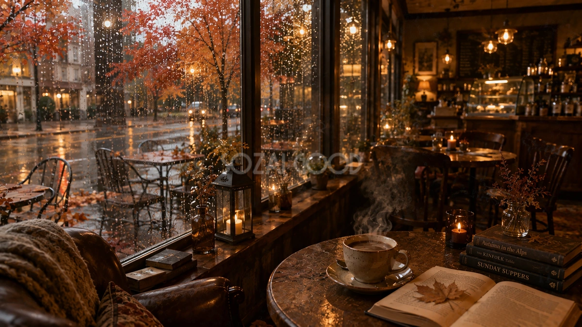 秋の雨の日カフェ背景【無料・高画質PNG】94036