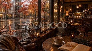 秋の雨の日カフェ背景【無料・高画質PNG】94036