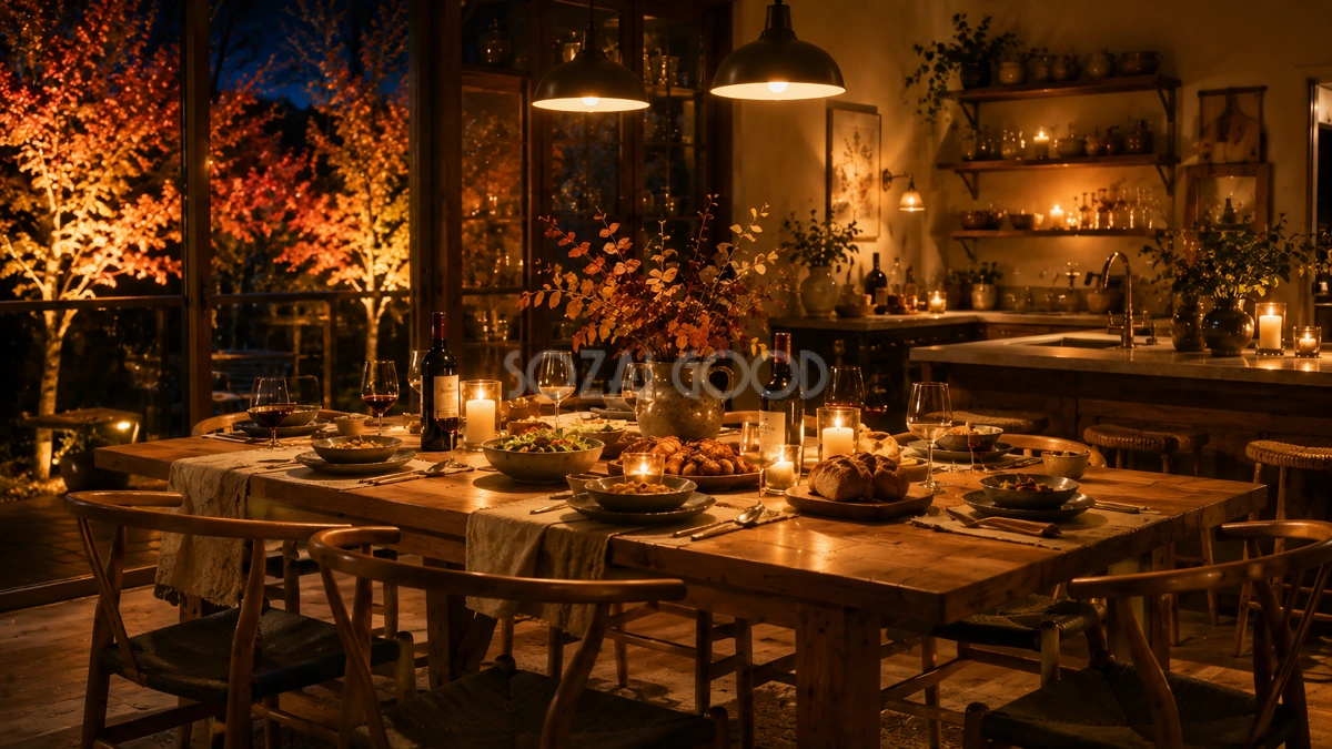 秋の夕食ダイニング背景【無料・高画質PNG】94049