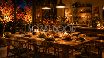 秋の夕食ダイニング背景【無料・高画質PNG】94049