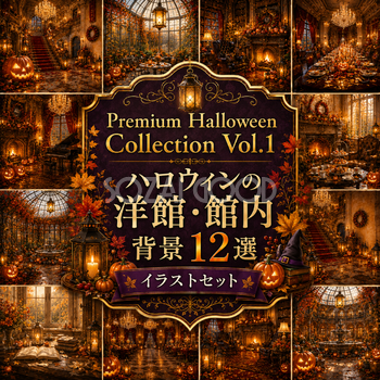 ハロウィンの洋館・館内背景12選【無料・高画質PNG】おしゃれなハロウィン背景イラストセットPremium Halloween Collection Vol.1　94054