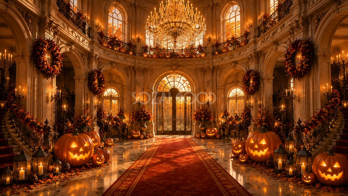 ハロウィンの洋館エントランス背景【無料・高画質PNG】豪華なロビーイラスト94055
