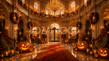 ハロウィンの洋館エントランス背景【無料・高画質PNG】豪華なロビーイラスト94055