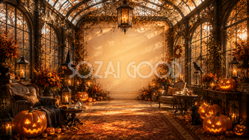 ハロウィンのガラス温室背景【無料・高画質PNG】洋館ラウンジイラスト94060