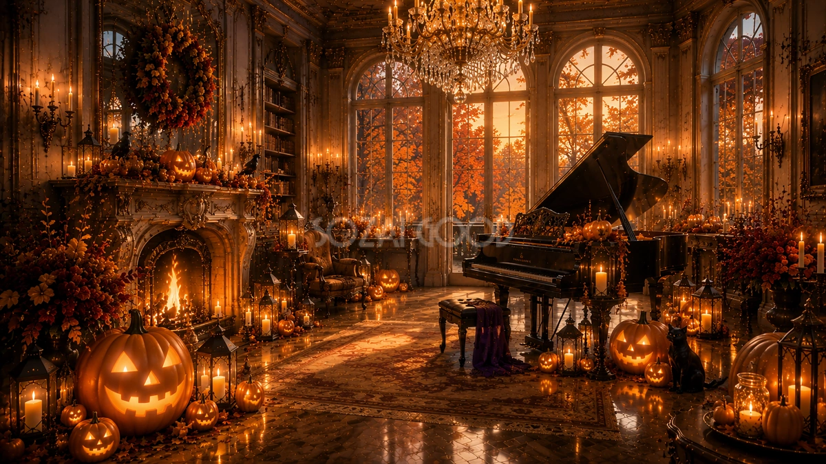 ハロウィンの音楽サロン背景【無料・高画質PNG】洋館ピアノイラスト94061