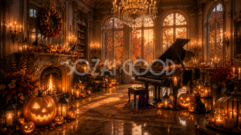 ハロウィンの音楽サロン背景【無料・高画質PNG】洋館ピアノイラスト94061