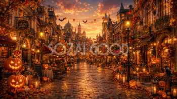 ハロウィンのメインストリート背景【無料・高画質PNG】幻想的な街並みイラスト94068