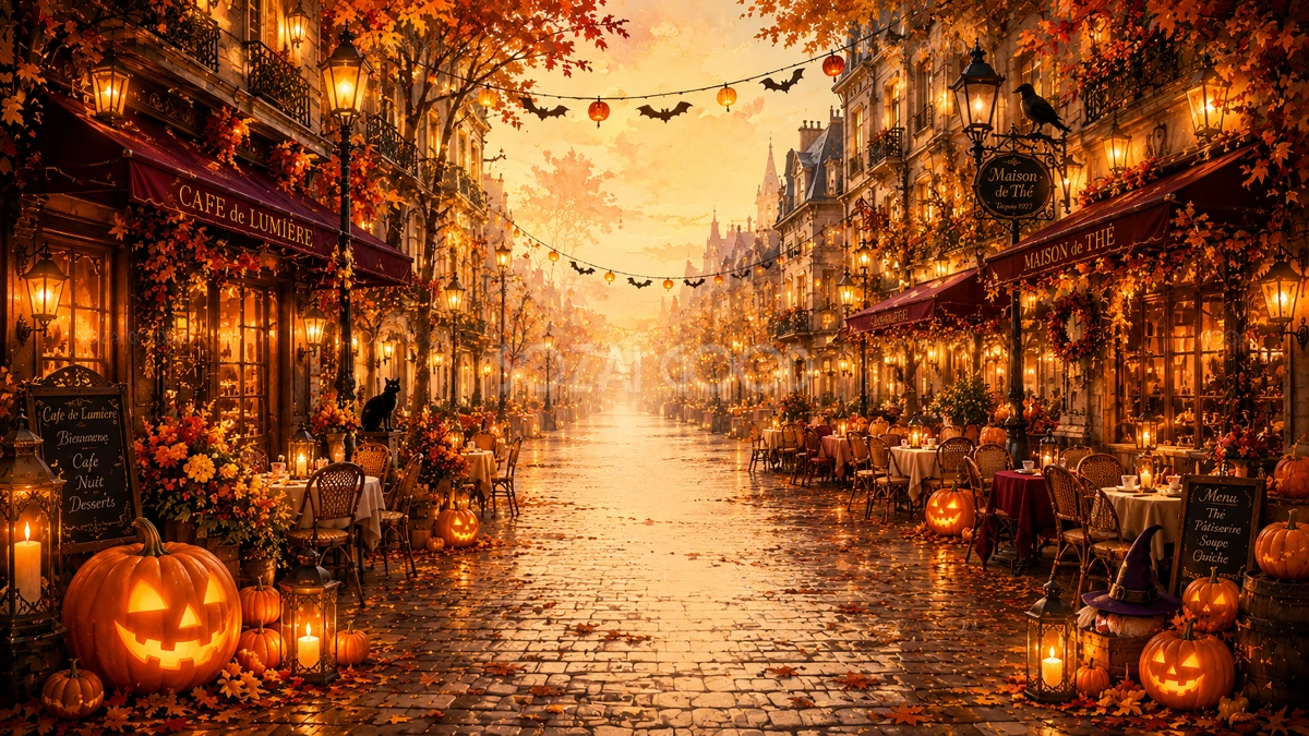 ハロウィンのカフェ通り背景【無料・高画質PNG】おしゃれな街並みイラスト94069