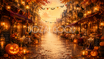ハロウィンのカフェ通り背景【無料・高画質PNG】おしゃれな街並みイラスト94069