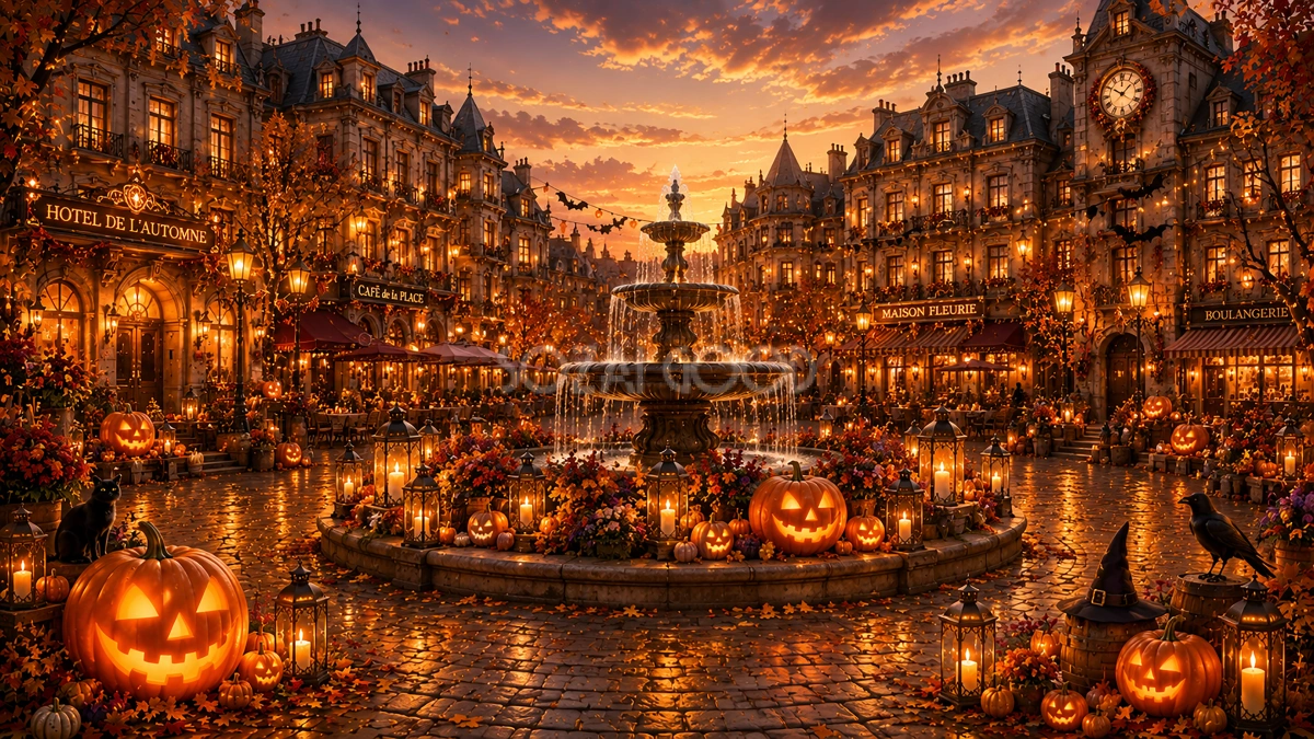 ハロウィンの噴水広場背景【無料・高画質PNG】ヨーロッパ街並みイラスト94070
