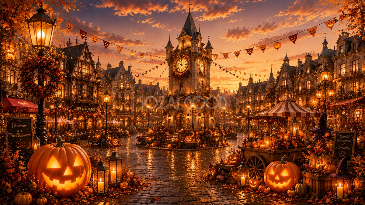 ハロウィンの時計塔広場背景【無料・高画質PNG】街並みイラスト94072