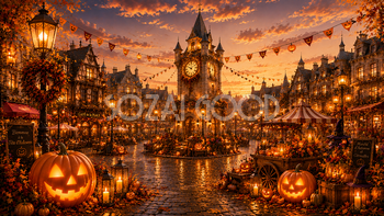 ハロウィンの時計塔広場背景【無料・高画質PNG】街並みイラスト94072