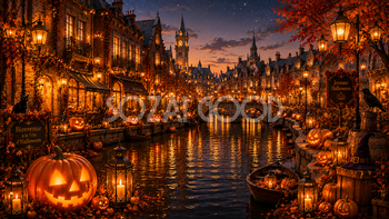 ハロウィンの運河沿い背景【無料・高画質PNG】幻想的な街並みイラスト94074