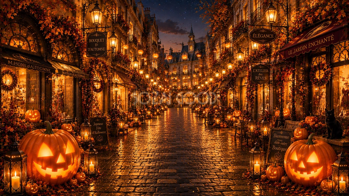 ハロウィンのショッピングストリート背景【無料・高画質PNG】おしゃれな街並みイラスト94075
