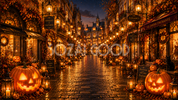 ハロウィンのショッピングストリート背景【無料・高画質PNG】おしゃれな街並みイラスト94075