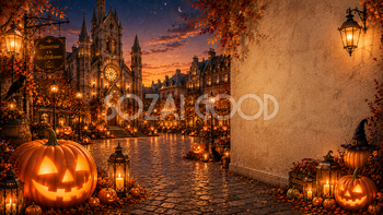 ハロウィンの教会前広場背景【無料・高画質PNG】幻想的な街並みイラスト94076