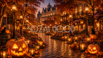ハロウィンのガーデンストリート背景【無料・高画質PNG】秋の街並みイラスト94077
