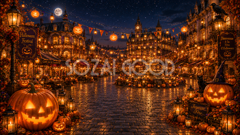 ハロウィンの夜のフェスティバル背景【無料・高画質PNG】幻想的な街並みイラスト94079