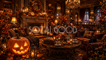 ハロウィンのホテルラウンジカフェ背景【無料・高画質PNG】おしゃれな背景イラスト94081