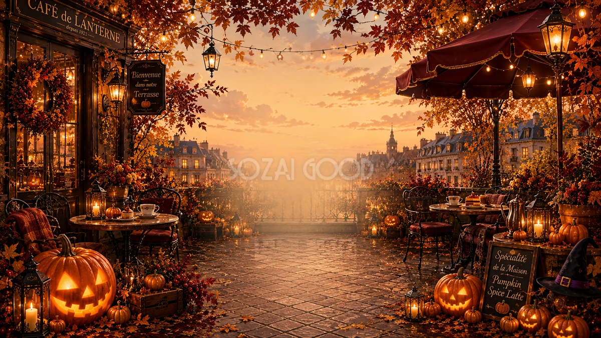 ハロウィンのテラスカフェ背景【無料・高画質PNG】おしゃれな背景イラスト94082