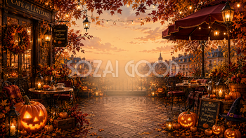 ハロウィンのテラスカフェ背景【無料・高画質PNG】おしゃれな背景イラスト94082