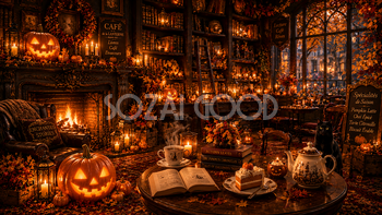 ハロウィンのブックカフェ背景【無料・高画質PNG】おしゃれな背景イラスト94083