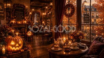 ハロウィンの窓辺カフェ背景【無料・高画質PNG】おしゃれな背景イラスト94084