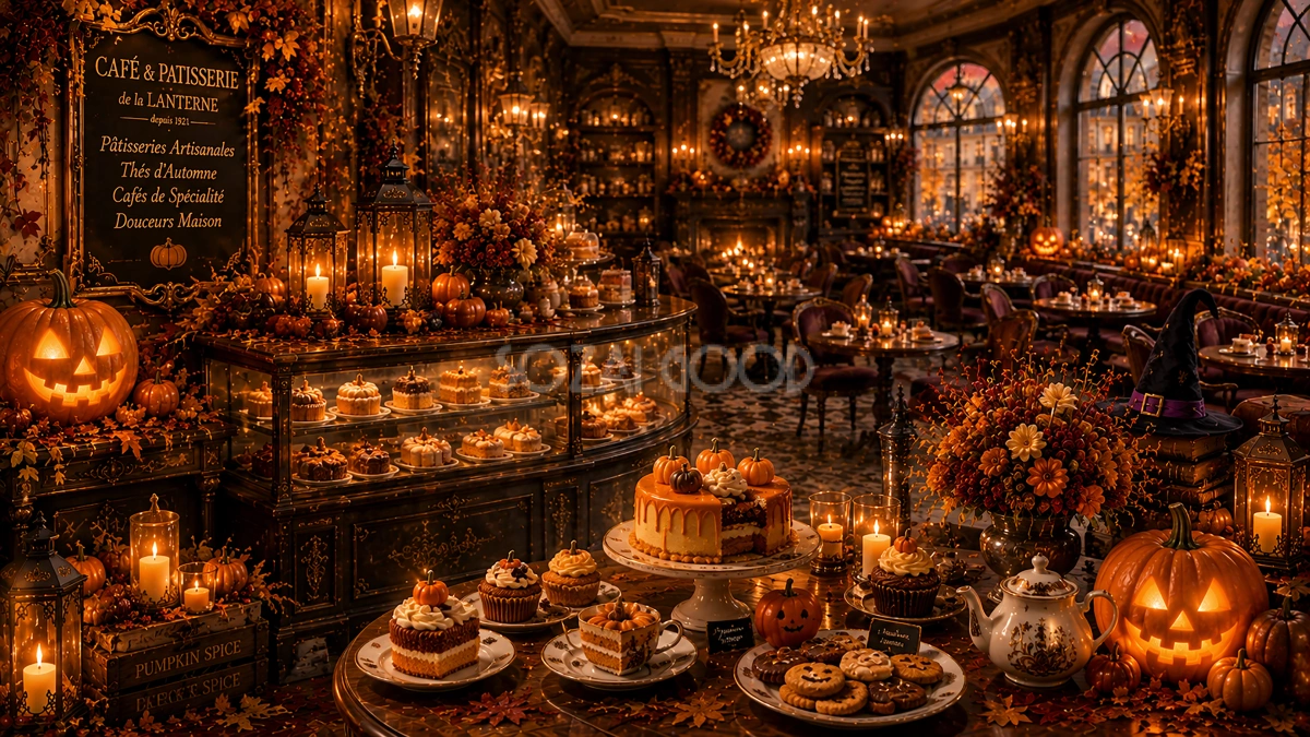 ハロウィンのパティスリーカフェ背景【無料・高画質PNG】おしゃれな背景イラスト94085
