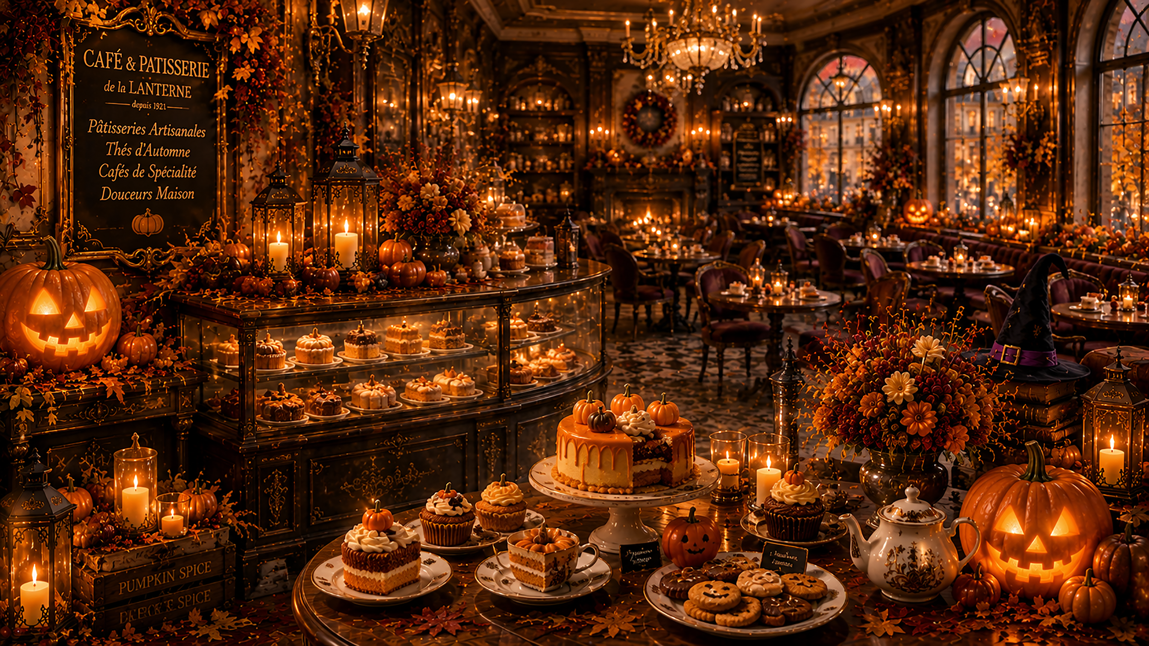 ハロウィンのパティスリーカフェ背景【無料・高画質PNG】おしゃれな背景イラスト94085に写真・文字を入れる